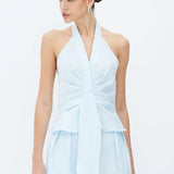 BLUSA FRENTE UNICA COM PREGAS E AMARRAÇÃO