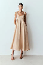 VESTIDO MIDI COM PREGAS COSTAS ABERTAS E AMARRAÇÃO