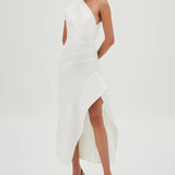 VESTIDO MIDI UM OMBRO SO COM DRAPEADOS LATERAL