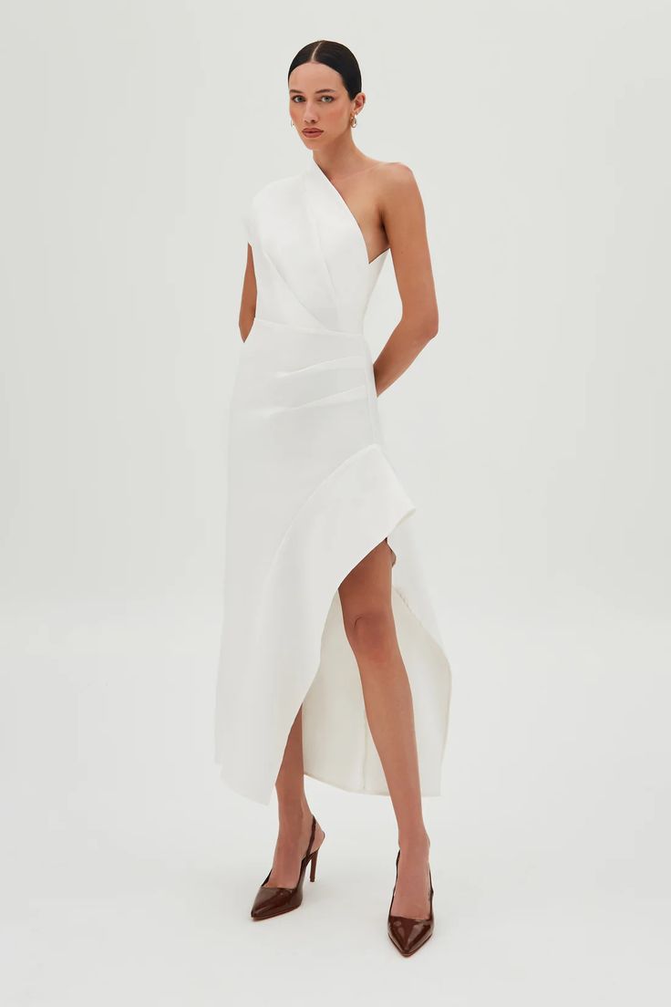 VESTIDO MIDI UM OMBRO SO COM DRAPEADOS LATERAL