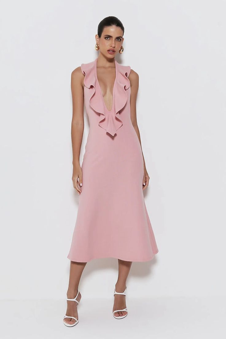 Vestido Midi com Decote Profundo e com Babados