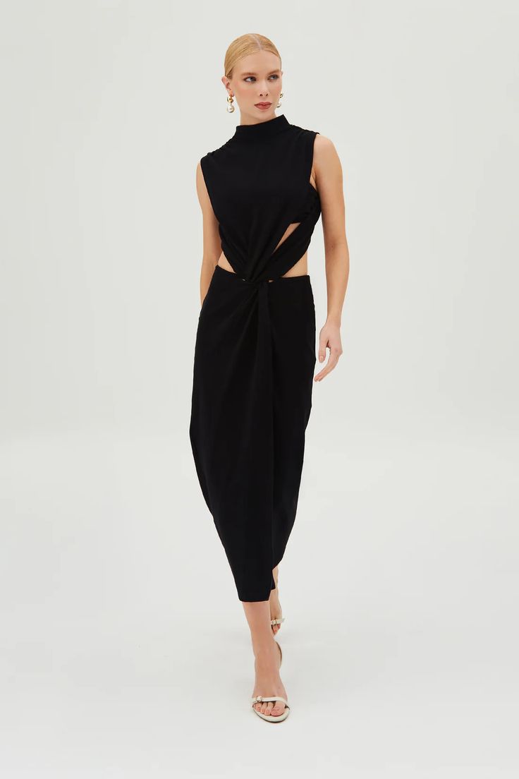 VESTIDO MIDI COM TORCAO FRONTAL E ABERTURA COSTAS PRETO PP