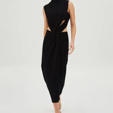 VESTIDO MIDI COM TORCAO FRONTAL E ABERTURA COSTAS PRETO PP