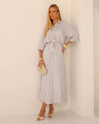 CONJ. CAMISA E SAIA EVASE MIDI LISTRADA