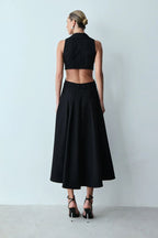 VESTIDO MIDI BOTOES FRONTAL ABERTURA COSTAS E GOLA