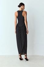 VESTIDO MIDI FRANZIDOS CINTURA E SAIA TULIPA PRETO