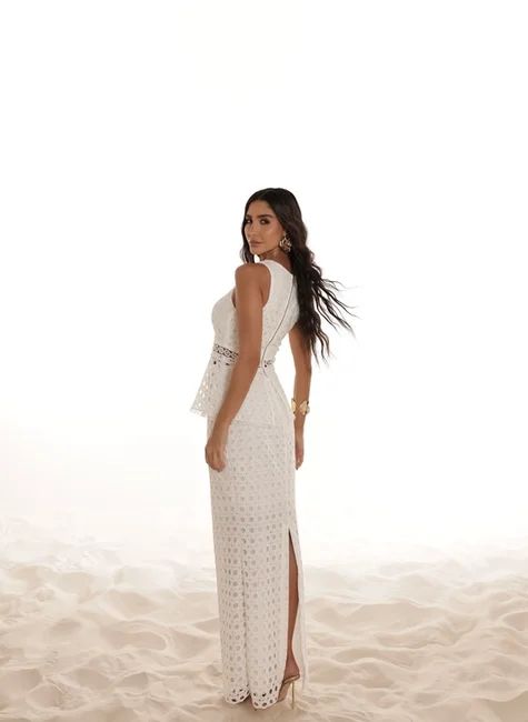 Conjunto Blusa Peplum E Saia Longuete Branco