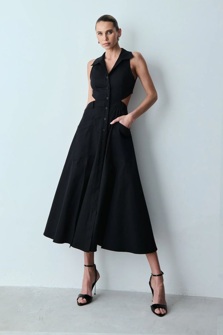 VESTIDO MIDI BOTOES FRONTAL ABERTURA COSTAS E GOLA